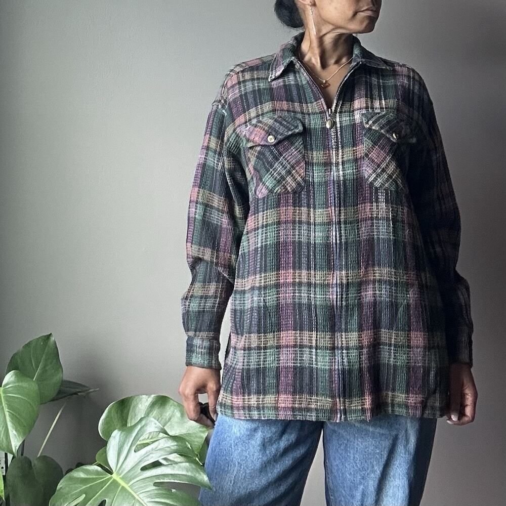 Vintage Express Shacket Womens Size M Purple Plaid Zip 90s Cotton Waffle Knit